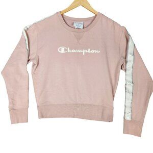 Champion S Pink Crewneck Sweatshirt With Logo & Sleeve Stripes
